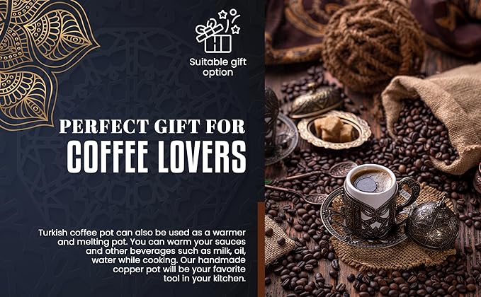 DEMMEX 15 Oz Thickest Copper Turkish Greek Arabic Coffee Pot, Stovetop Coffee Maker, Cezve Ibrik Briki with Wooden Handle & Spoon, Hand Engraved (Antique Copper, 6 Servings)