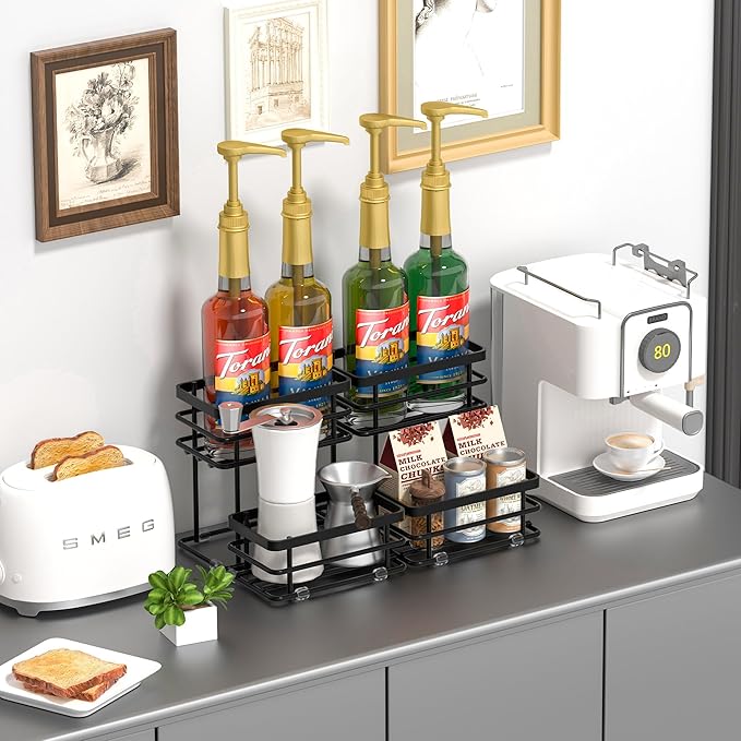 Coffee Syrup Rack Organizer, Syrup Bottle Holder Stand for Coffee Bar, 2-Tier 10 Bottles Storage Shelves for Syrup, Wine, Dressing for Kitchen Countertop (10 Bottles Black)