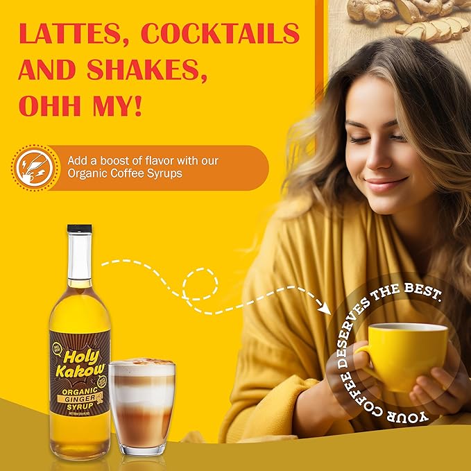Holy Kakow Cafe Organic Ginger Syrup - Ginger Syrup, Coffee Syrup, Organic Syrup for Coffee, Ginger Syrup for Coffee, Add to Latte, Cocktail and Shake, Real Food Ingredients, Specific Flavor - 750ml
