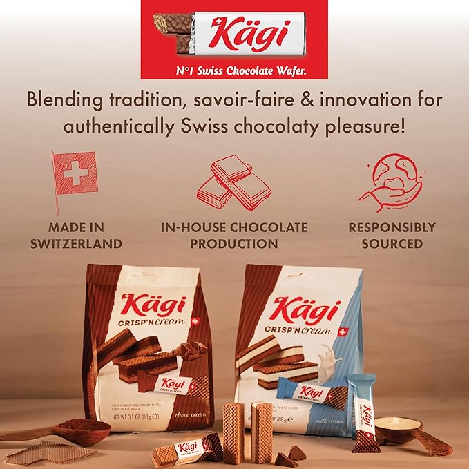 Swiss Milk Chocolate Mousse Filled Wafers by Kägi, Individually Wrapped Snacks, Chocolate Gift, Kägi Crisp'n Cream, Milk and Choco Cream, 4-Pack, 88g Bags