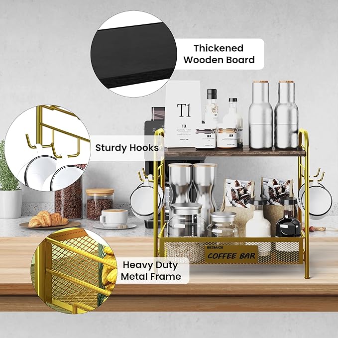 Coffee Bar Organizer for Countertop Station, Simple Assembly 2 Tier Shelf for Home,Office, Coffee Cup Holder Storage Organization for Counter Accessory Storage Rack with 4 Hooks Space-Saving