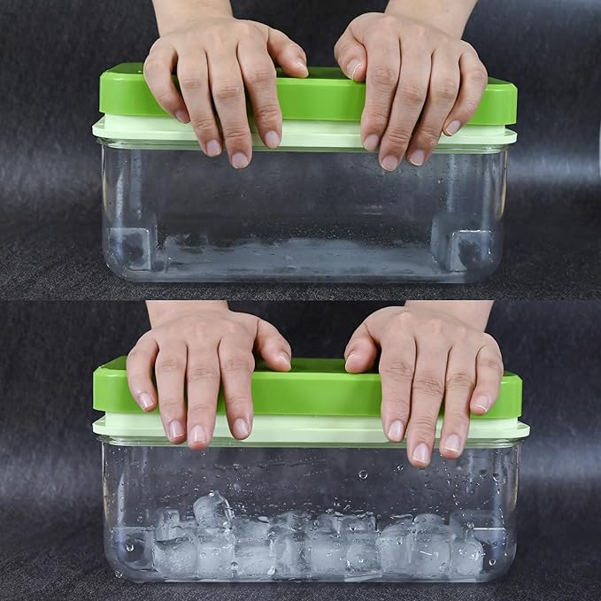 Ice Trays for Freezer with Lid & Bin, Ice Cube Tray Making 64 pcs Ice Cubes, Easy Press to Release Ice, Ice Tray with Storage Bin Chilling Cocktail Whiskey Coffee 2 Trays 1 Ice Bucket & Scoop (Green)