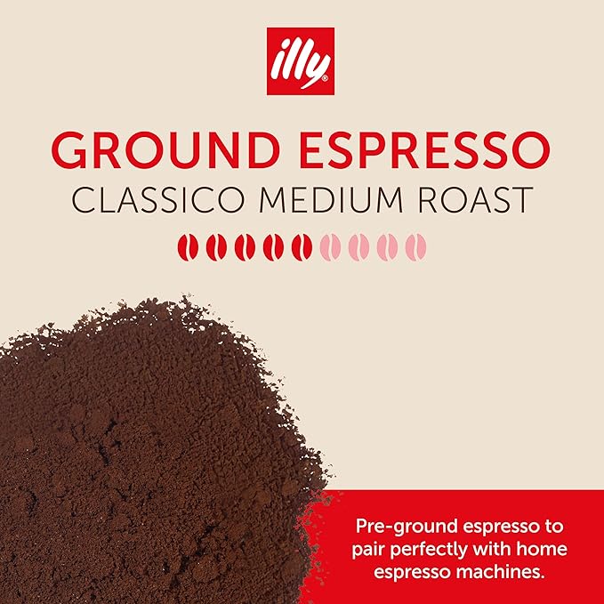 Illy Ground Espresso Coffee, Classico Medium Roast - Mild & Balanced - 100% Arabica - Pre-Ground for Espresso - Pressurized Packaging Sealed for Freshness -8.8oz (Pack of 6)