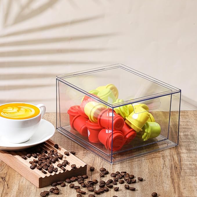2 PACK Stackable Coffee Pod Drawers, Acrylic Clear Storage Drawers for Coffee Organizer for Home and Office