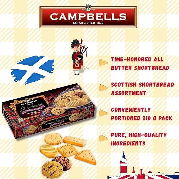Campbells Shortbread Reserve Collection Carton 7.4 Oz (Pack of 3) - Scottish All-Butter Shortbread Cookies from Scotland, Chocolate Chip & Assorted Variety, Gourmet British Tea Biscuits & Gift Box