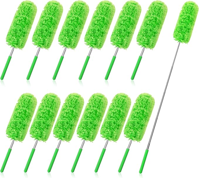Tanlade 12 Pcs Microfiber Feather Duster for Cleaning 13-31 Inch Extendable Cobweb Dusters Ceiling Fan Duster Washable Bendable Tool for Office Car Window Furniture (Green)