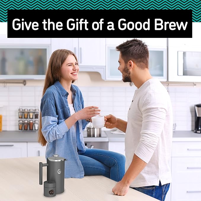 Coffee Gator 304 Grade Stainless Steel French Press Coffee Maker 34 oz, Double Wall Insulated Teapot with 4-Level Filtration System, Include Travel Jar Canister, Rust-Free, Dishwasher Safe, Silver