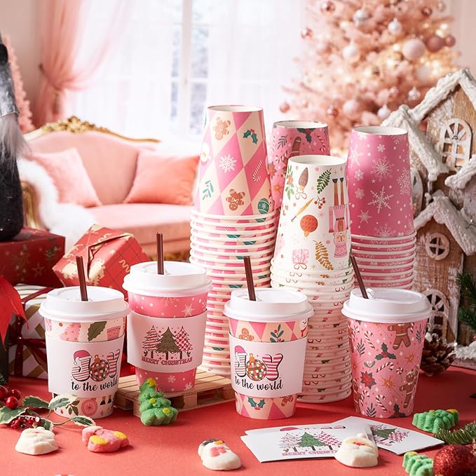 Remerry 100 Sets 400 Pcs 12 oz Christmas Disposable Coffee Cups with Lid, Straws and Sleeves Snowflake Reindeer Snowman Paper Cups Xmas Party Supplies for Hot Drink Cold Beverage(Pink Christmas)