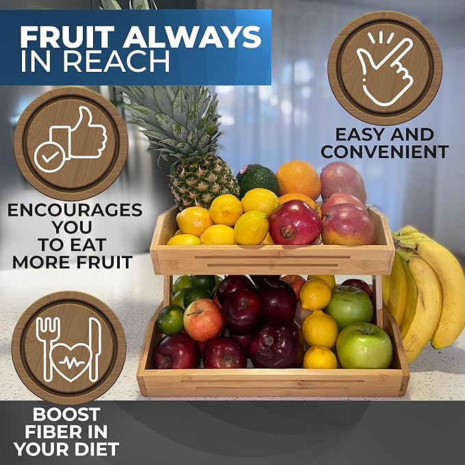 2 Tier Bamboo Fruit Basket for Kitchen Counter with Banana Hanger Hooks, Wooden Fruit Holder for Kitchen Countertop, Vegetable Storage Stand for Fruit Shop