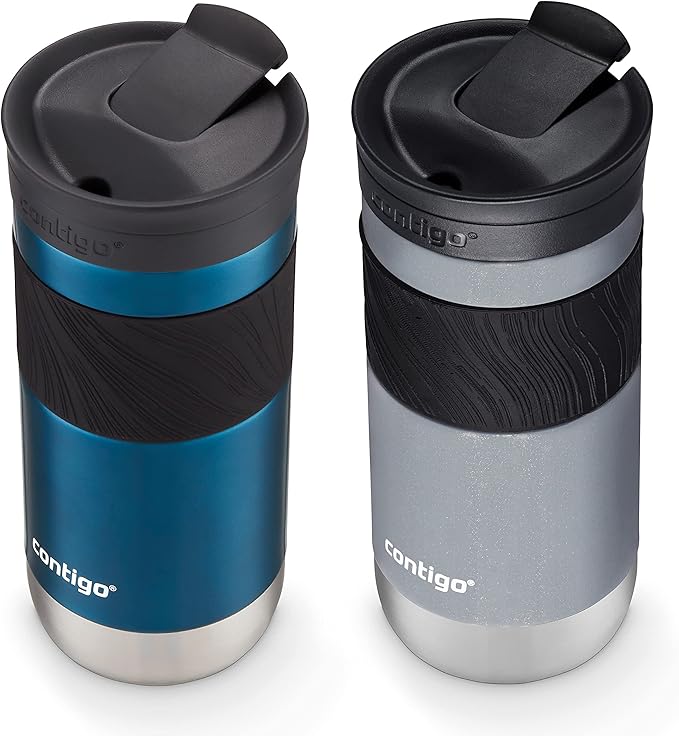 Contigo Byron 2.0 Snapseal Insulated Stainless Steel Travel Mug with Grip 2-pack, 16oz, Blueberry Satin & Gold Morel