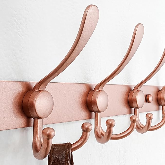 Dseap Coat Rack Wall Mounted - 5 Tri Hooks, Heavy Duty, Stainless Steel, Metal Coat Hook Rail for Coat Hat Towel Purse Robes Mudroom Bathroom Entryway, Rose Gold