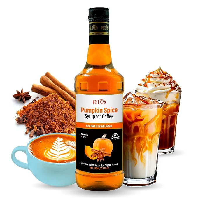 RIO Pumpkin Spice Flavored Coffee Syrup for Hot or Iced Drinks and Desserts Warm and Spicy Coffee Syrup Flavoring Sweetened with Pure Cane Sugar, Barista-Grade  Flavor Syrups For Drinks at Home & Work - 700ml