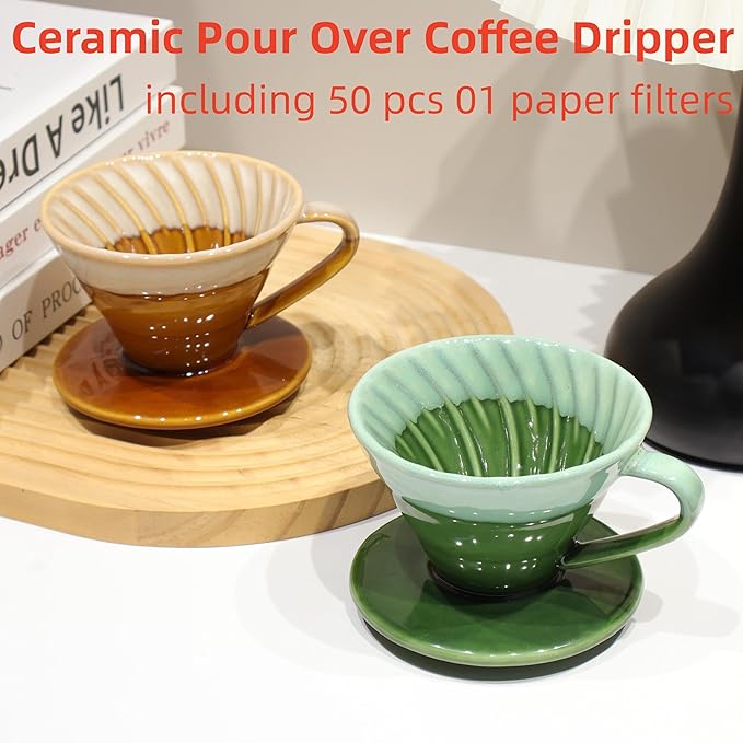 Handmade Ceramic Pour Over Coffee Dripper with 50 Pcs V60 Coffee Filters - Portable Drip Coffee Brewer for Travel, Camping, Office or Home - Artisanal Pottery Gift for Enthusiasts