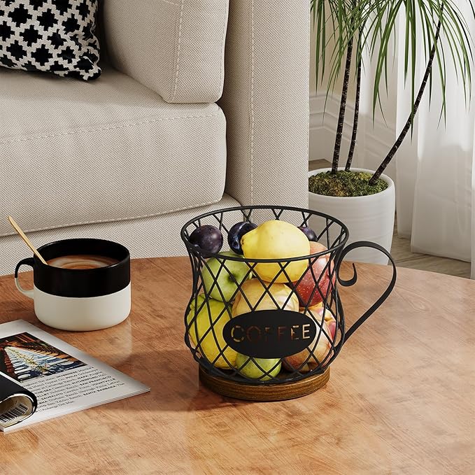 YINMIT K Cup Holder Organizer, Rustic Coffee Pod Holder Organizer, 35 Kcup Holder for Counter with Handle，Large Capacity Black Wire Coffee Capsule Basket for Kitchen Office Desktop (Circular Grid)