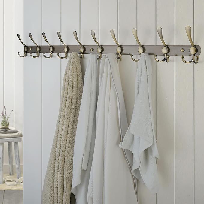 Dseap Coat Rack Wall Mount - 38” Long 10-Tri-Hooks Heavy Duty Coat Hanger Rail Wall Hooks for Hanging Coats Hats Clothing Clothes Purse Mudroom Entryway, Bronze, Pack of 2