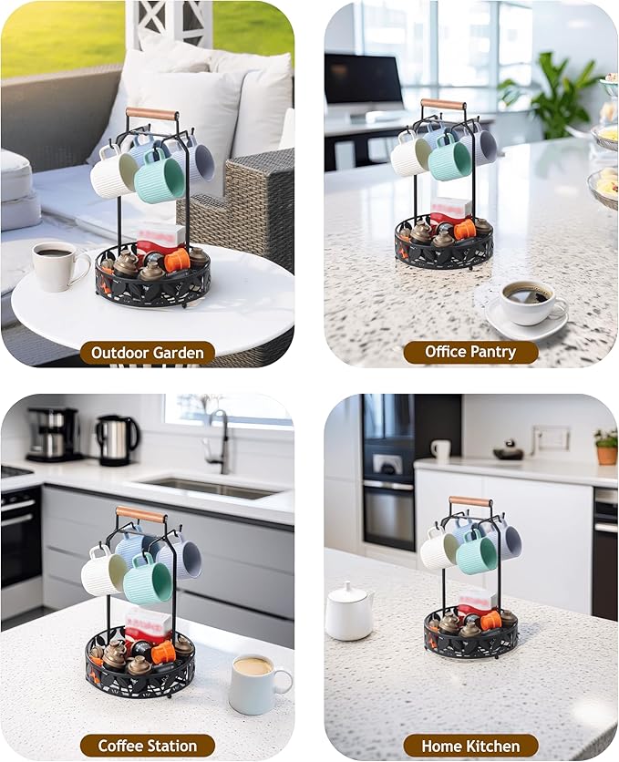 Mug Holder for Countertop, 2-in-1 Mug Tree for Large Mugs & Coffee Cup Stand with Storage Basket - Mug Rack & Organizer for Coffee Bar Accessories