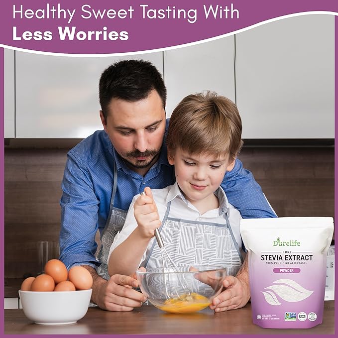 Durelife 100% Pure stevia extract sweetener 8 oz | No Erythritol, NON-GMO Project Verified, No Fillers, Zero Calorie Sugar Substitute | No Aftertaste | Micro-Spoon Included | 8 oz