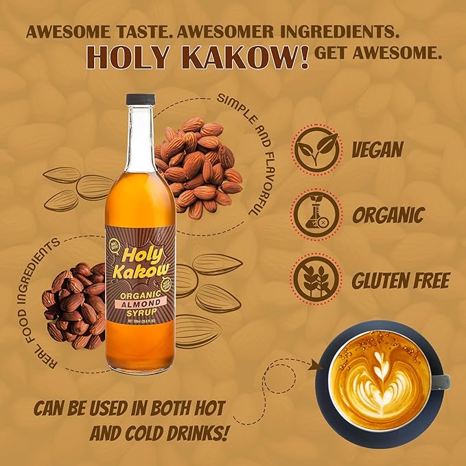 Holy Kakow Cafe Organic Almond Syrup - Almond Syrup, Coffee Syrup, Organic Syrup for Coffee, Almond Syrup for Coffee, Add to Latte, Cocktail and Shake, Real Food Ingredients, Specific Flavor - 750ml