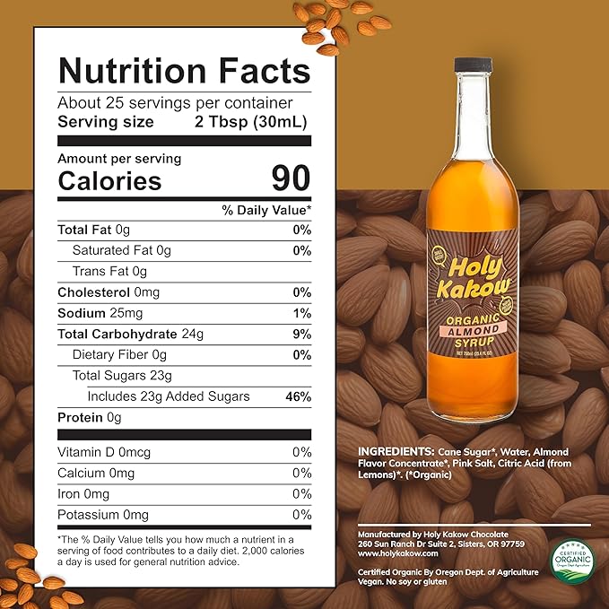 Holy Kakow Cafe Organic Almond Syrup - Almond Syrup, Coffee Syrup, Organic Syrup for Coffee, Almond Syrup for Coffee, Add to Latte, Cocktail and Shake, Real Food Ingredients, Specific Flavor - 750ml