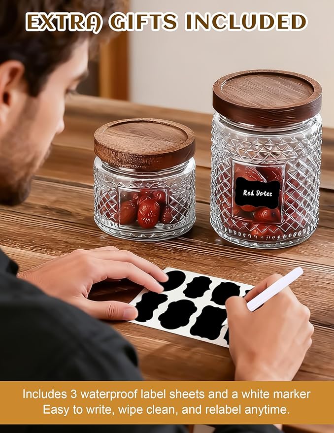 Glass Jars with Wood Lids Labels and Pen - Kitchen and Pantry Storage Container Sets for Countertop, Airtight Decorative Vintage Canisters for Candy, Cookie, Treat, Sugar, Coffee, Tea, Set of 3