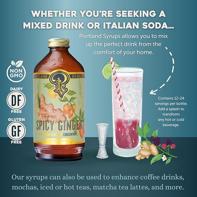 Portland Syrups Spicy Ginger Syrup - Extra Spicy Heat and Fresh Ginger Flavor - Premium Beverage Concentrate for Cocktails, Mocktails, Tea, and More - 12 oz with 24 Servings (Pack of 2)