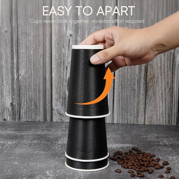 100 Pack 12 oz Disposable Coffee Cups with Lids and Straws, Insulated Ripple Wall To Go Paper Corrugated Cups, Bulk for Hot/Cold Drinks, Cafe Bar, Office, Chocolate, Cocoa (Black)