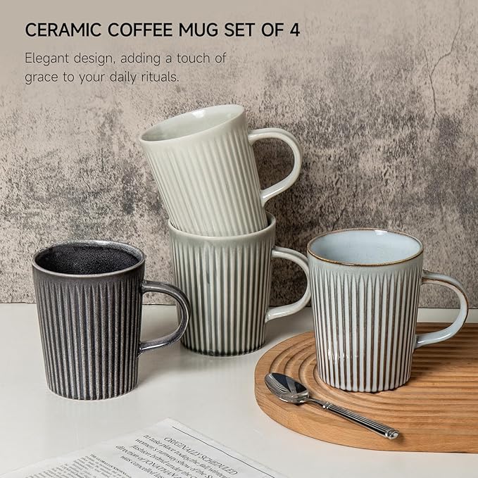 Coffee Mugs Set of 4 Modern Striped Stoneware Coffee Cups with Handle, Large Ceramic Gift Set for Women and Men, Dishwasher and Microwave Safe, 18oz for Hot Coffee, Tea, Cocoa, Milk
