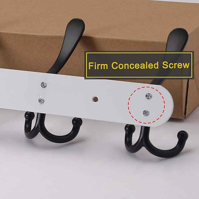 Dseap Coat Rack Wall Mount - 29.5” Long 8-Tri-Hooks Heavy Duty Coat Hanger Rail Wall Hooks for Hanging Coats Hats Clothing Clothes Purse Mudroom Entryway, White & Black, Pack of 2