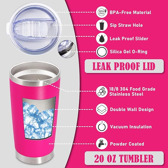 20 oz Tumbler Coffee Travel Tumblers Bulk with Lid Stainless Steel Double Wall Vacuum Insulated Mug Powder Coated Cups fit Car Cupholder for Hot and Cold - Hot Pink, 1Pack