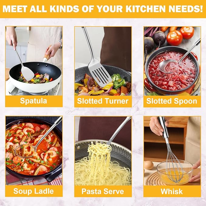 6-Piece Kitchen Cooking Utensils Set, Stainless Steel Kitchen Utensils with Suspendable Handle, Spatula, Slotted Turner, Soup Ladle, Slotted Spoon, Whisk, Pasta Server, Dishwasher Safe