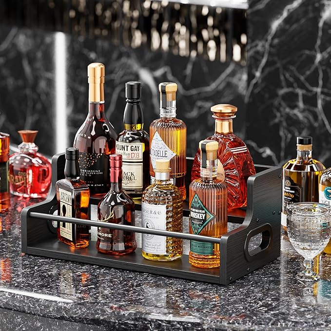 KLM Liquor Bottle Display Shelf, Coffee Syrup Rack Organizer, 2 Step Countertop Liquor Wine Rack, Mini bar,Liquor Cabinet, Home Retro Bar Shelf Stand for Liquor Whiskey, Spirits, (Black)