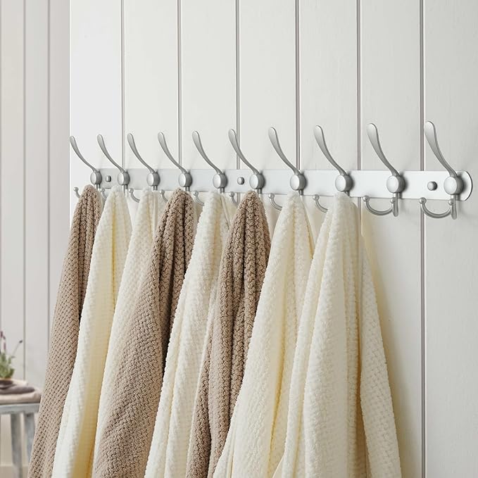 Dseap Coat Rack Wall Mount - 38” Long 10-Tri-Hooks Heavy Duty Coat Hanger Rail Wall Hooks for Hanging Coats Hats Clothing Clothes Purse Mudroom Entryway, Silver, Pack of 2