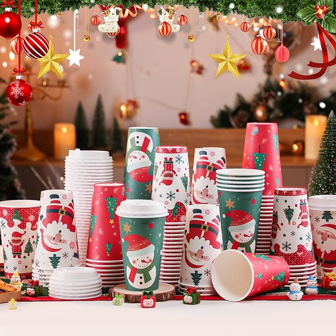 SIUQ 100 Pack 16 oz Christmas Disposable Coffee Cups with Lids, Thickened Christmas Paper Cups for Hot/Cold Beverage, Tea, Coffee, Hot Chocolate, Xmas Party Cups Ideal for Home, Cafes, Store, Holiday