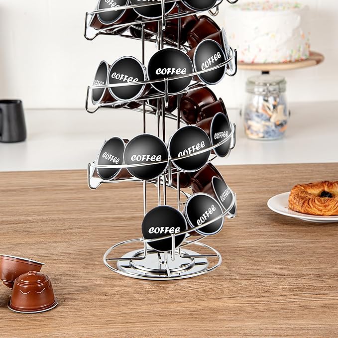 Restaurantware Restpresso 7.1 x 16.1 Inch Coffee Capsule Holder, 1 Durable Pod Carousel - Holds 35-50 K-Cups, 360-Degree Rotatable, Stainless Steel Espresso Pod Organizer, 3 Tier, Pods Not Included