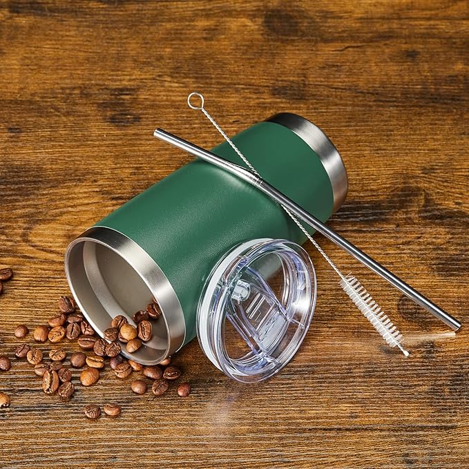 COMOOO 20oz Double Wall Vacuum Insulated Travel Mug, Stainless Steel Tumbler with Lid and Straw Durable Powder Coated Insulated Coffee Cup for Cold & Hot Drinks（Dark Green, 6 Pack
