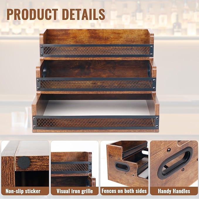 Liquor Bottle Display Shelf, Coffee Syrup Rack Organizer, 2 Pack 3 Step Countertop Liquor Wine Rack, Coffee Station Organizer with Fences & Handles, Home Retro Bar Shelf Stand for Liquor Whiskey