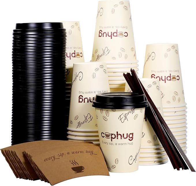 Cuphug 100 Pack 12 oz Coffee Cups with Lids, To Go Paper Cups with Sleeves and Stirring Sticks, Insulated Disposable Coffee Cups for Hot/Cold Drinks