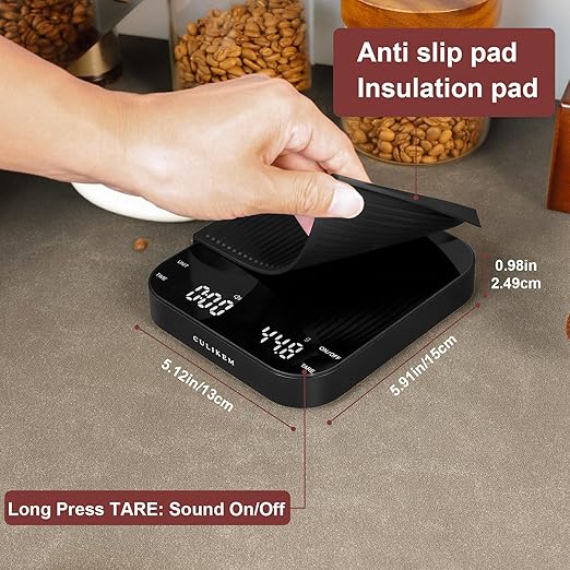 Coffee Scale with Timer, Kitchen, Digital, Rechargeable, Glass Mirror Design, for Pour-Over Barista, 0.3-3000g/0.1g