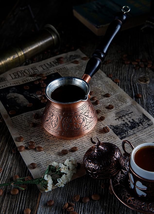 DEMMEX 15 Oz Thickest Copper Turkish Greek Arabic Coffee Pot, Stovetop Coffee Maker, Cezve Ibrik Briki with Wooden Handle & Spoon, Hand Engraved (Matte Copper, 6 Servings)