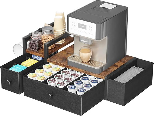 Homeiju Coffee Pod Drawers - K Cup Organizer, Nespresso Pods Holder with Mug Rack, Coffee Holder for Countertop, 52 Capacity Pods, Suitable for Kitchens, Offices and Coffee Bars(Brown)