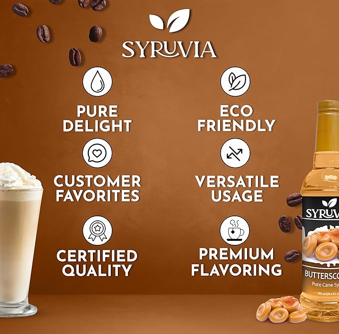 Syruvia Coffee Syrup, Butterscotch Flavored Syrup for Drinks, Lattes, and Desserts – 25.4 fl oz,