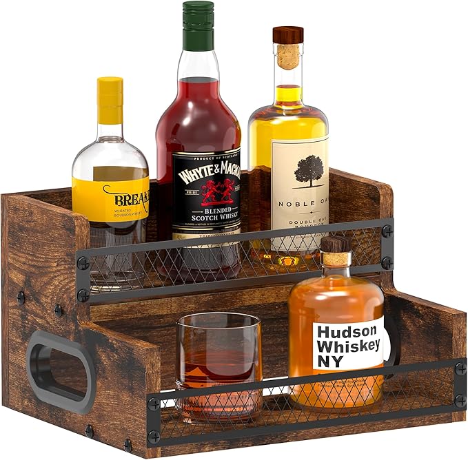 Liquor Bottle Display Shelf, Coffee Syrup Rack Organizer, 2 Step Countertop Liquor Wine Rack, 8 Bottles Coffee Station Organizer with Fences & Handles, Home Retro Bar Shelf Stand for Liquor Whiskey