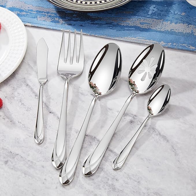 KEAWELL Premium Astra 4-Piece 9 inch Spoon Set – Mirror-Finished 18/10 Stainless Steel with Diamond-Faceted Handles Dishwasher Safe for Modern Dining (4, Serving Spoons)