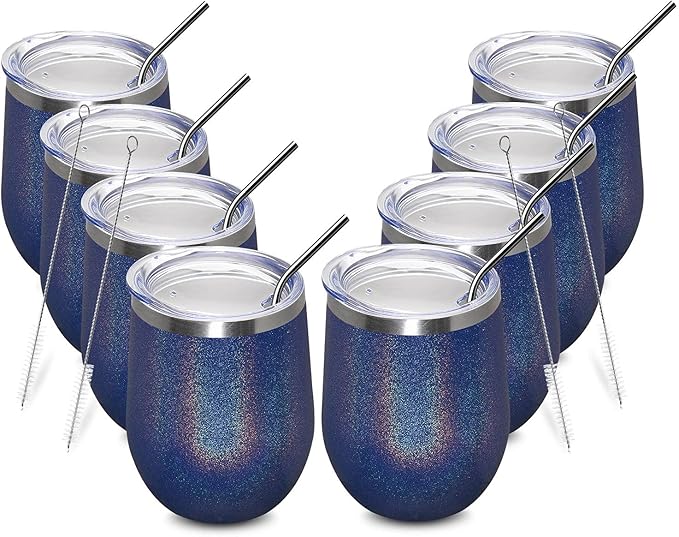 MEWAY 12oz/8 Pack Wine Tumbler Glasses with Lid - Stemless Double Wall Vacuum Stainless Steel Glitter Tumbler - Keeping Cold & Hot Cup for Coffee,for Women(Rainbow Navy,Set of 8)