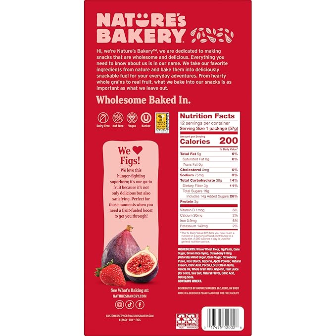 Nature’s Bakery Whole Wheat Fig Bars, Strawberry, Real Fruit, Vegan, Non-GMO, Snack bar, 7 boxes with 12 twin packs (84 twin packs)