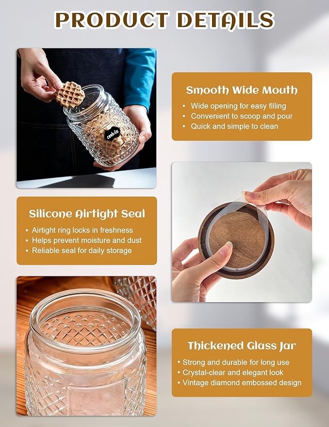 Glass Jar with Wood Lid and Label - 12 OZ Small Kitchen and Pantry Storage Container for Countertop, Airtight Decorative Vintage Canister for Candy, Cookie, Treat, Sugar, Coffee, Tea