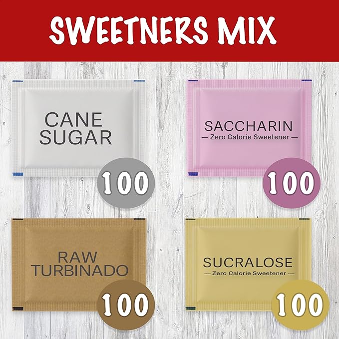 Variety Pack Sweeteners - Assorted mix for Tea, Coffee & Beverages – Includes Saccharin, Sucralose, Raw Brown & White Sugar – Convenient, Individually Wrapped Packets (400 Count Total)
