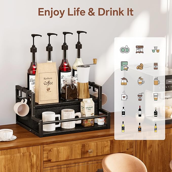 Homeiju Coffee Syrup Organizer Rack, 2-Tier Bottle Coffee Bar Accessories, Holder Stand with K Cup Storage Drawer for Coffee bar, Wine Rack, Storage Shelves for Syrup. (Black)