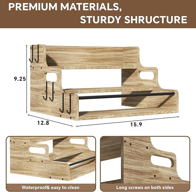 3-Tier Liquor Bottle Display Shelf, Bar Stand for Whiskey, Spirits, Coffee Syrup Rack Organizer, Countertop Wine Rack for Home, Mini Coffee Bar, Small Liquor Cabinet and Kitchen Light Brown