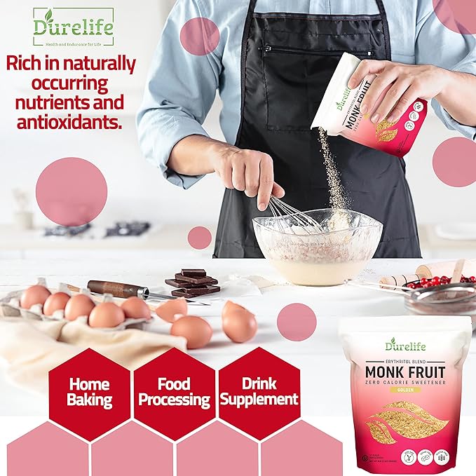 Durelife Golden Monk Fruit Sweetener, 1:1 Sugar Replacement, Keto Diet Friendly, Zero Calorie, Kosher Sugar Substitute, Golden - 3 lb (Packaging May Vary)